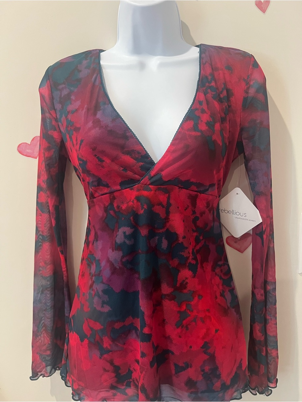 Red Floral Mesh V-Neck Blouse